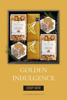 the golden indulgence gift box is shown with four different types of nuts