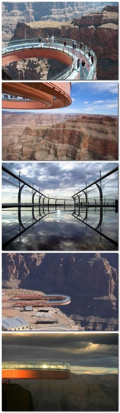 four different views of the grand canyons and their reflection in water, with people walking on them