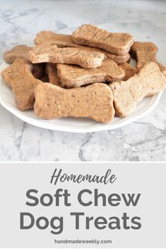 homemade soft chewy dog treats on a white plate with text overlay that reads homemade soft chewy dog treats