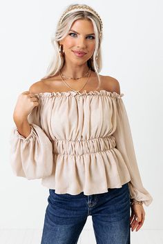 Flirt your way from season to season in our pretty iced latte hued 'Give Me Grace Top' featuring lightweight material, a straight off shoulder elastic neckline with ruffled trim detailing, long loose sleeves, a cinched waistline, and a flattering silhouette that falls into a straight peplum hemline! Iced Latte, Model Fits, Women Clothing Boutique, Hip Length, Online Womens Clothing, Boutique Clothing, Off Shoulder Blouse, Off Shoulder, Length Sleeve