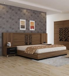 a bed room with a neatly made bed and wooden furniture