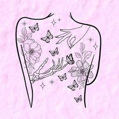 the back of a woman's stomach with butterflies and flowers on it, drawn in black ink