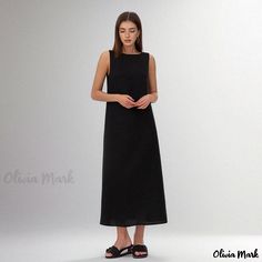 Olivia Mark - Chic Solid Color Sleeveless Dress with Loose Fit and Round Neckline in Cotton Linen Blend Brown Outfit, Home Dress, Crewneck Dress, Types Of Skirts, Spaghetti Strap Dresses, Olivia Mark, A Line Skirt, A Line Skirts, Cotton Linen