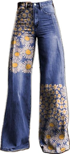 Casual Wide Leg Pants, Denim Patterns, Blue Daisy, Daisy Print, Printed Denim, Type Of Pants, Women Pants Casual, Bohemian Dress, Wide Leg Denim