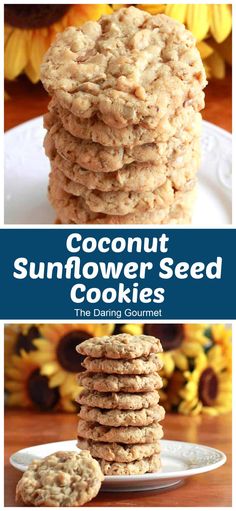 coconut sunflower seed cookies stacked on top of each other with the title in the middle