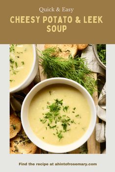 two bowls filled with cheese potato and leek soup