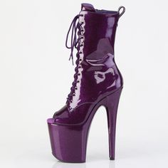 8" High Heel, 4" Platform Peep Toe Lace Up Ankle Boots. Inner Side Zip Closure. Glitter Faux Patent Leather. Styles: Clubbing Party Formal Dance Malf-1041gp Party High-top Platform Boots With 4-inch Heel, Purple Platform Party Boots, Purple Ankle Boots For Party, Purple Platform Boots For Party, Purple Ankle-high Party Boots, Purple Ankle-high Boots For Party, Purple Ankle-high Heels, High-top Heels With 4-inch Heel For Party, High-top 4-inch Heel Party Heels