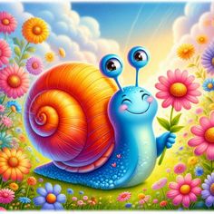 a painting of a snail with flowers in the background