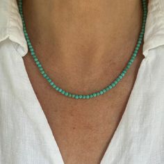 This classic necklace is made from high quality genuine AAA grade natural genuine Kingman round turquoise beads from the Kingman Turquoise mine in Arizona, USA.  These stones are beautiful shades of brilliant blue, have a superior polish, are perfectly calibrated, and are uniform in size.  - Not dyed, treated or color enhanced. 100% natural. - Photos taken outside in natural lighting and in a light box.  - No filters or color enhancements are added to the photos.  The 4mm turquoise round beads a Turquoise Necklace With Polished Round Beads, Turquoise Single Strand Necklace With Round Beads, Turquoise Necklace With Round Beads As A Gift, Turquoise Single Strand Necklace With Round Beads For Gifts, Turquoise Gemstone Bead Necklaces, Turquoise Beaded Necklaces With Natural Stones, Turquoise Beaded Necklace With Gemstone Beads, Turquoise Gemstone Beaded Necklace, Gift Turquoise Necklace With Round Gemstone Beads