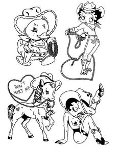 three cartoon characters with cowboy hats and lasso