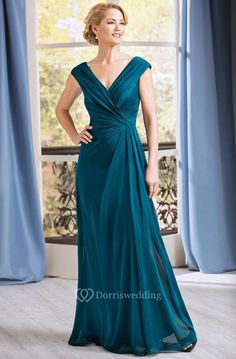 Cap-Sleeved V-Neck Long Gown With Pleats And V-Back Bride Dress Elegant, Jasmine Bridal, Special Event Dresses, Dress With Pleats, Mother Of Groom Dresses, Mob Dresses, Plunging Neck, Mode Chic, Mothers Dresses