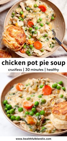 chicken pot pie soup in a bowl with peas and carrots