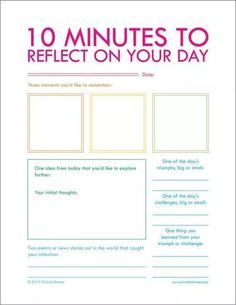 the 10 minutes to reflect on your day poster is shown in pink, blue and green