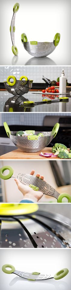 four different pictures showing the process of cooking food in a frying pan and using scissors to cut vegetables