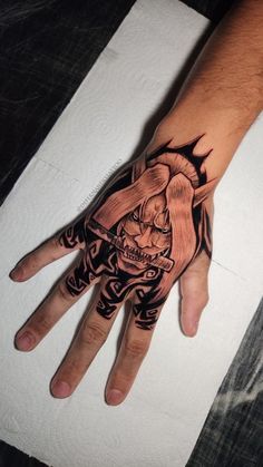 a man's hand with a tattoo on it and a skull in the middle