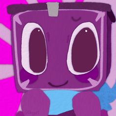 a purple cartoon character with big eyes sitting in front of a pink background and looking at the camera