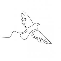 a single line drawing of a bird flying with its wings spread out and the tail extended