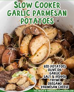 the cover of slow cooker garlic parmesan potatoes