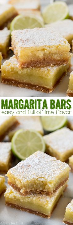 margarita bars with lime slices and powdered sugar on the top are ready to be eaten