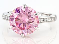 Moissanite Fire(R) and pink moissanite 4.87ctw diamond equivalent weight round, Platineve(R)   ring. Measures approximately 7/16" L x 1/16" W and is not sizeable. Actual moissanite weight is 4.23ctw. Gia Certified Pink Diamond Ring, Pink Moissanite Diamond Ring With Brilliant Cut, Pink Brilliant Cut Moissanite Diamond Ring, Pink Moissanite Diamond Ring With Center Stone, Pink Solitaire Diamond Ring, Pink Diamonds, Pretty Rings, Bubblegum Pink, Pink Diamond