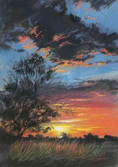 a painting of a sunset with trees in the foreground and clouds in the background