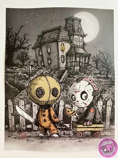 two cartoon characters in front of a creepy house