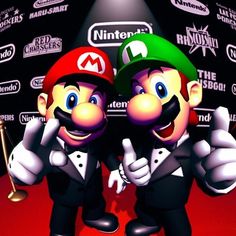 two mario brothers are standing next to each other on a red carpet with logos behind them