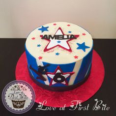 a red, white and blue birthday cake with stars on the top that says amela