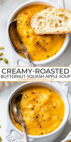 Enjoy a bowl of this incredibly creamy Roasted Butternut Squash Apple Soup! Perfect for a quick, comforting dinner, this nourishing soup is easy to make and fills your home with the delightful scents of fall. Naturally gluten-free and easily vegan, it’s packed with flavor and warmth. Make this Roasted Butternut Squash Apple Soup today! #FallRecipes #ButternutSquash #ComfortFood #HealthySoup | @danispies Roasted Butternut Squash Soup Ina Garten, Bone Broth Butternut Squash Soup, Butternut Squash Soup Panera Copycat, Butternut Squash Bisque Soup, Vegan Butternut Squash Recipes, Squash Soup Recipes, Butternut Squash Soup Crockpot, Roasted Squash Soup, Autumn Squash Soup