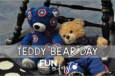 two teddy bears sitting next to each other in front of a chair with the words teddy bear day written on it