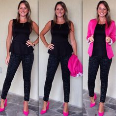 Look de trabalho - Look do dia - pink and black - scarpin pink - preto e rosa Black And Fushia Outfit, Hot Pink Heels Outfit Work, Hot Pink And Black Business Outfit, Black Outfit Pink Shoes, How To Wear Pink Shoes, Zapatos Fucsia Outfit, Outfit Blazer Rosa Fiusha, Black And Pink Outfit Ideas, Pink Flats Outfit