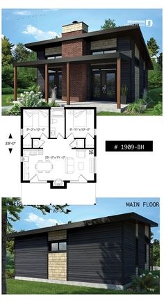 two story house plans with garage and living room in the middle, one bedroom on each floor