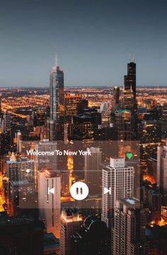 the new york city skyline is lit up at night with an app on it's screen