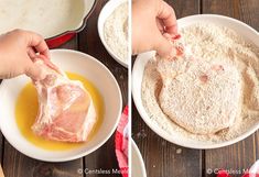 two pictures showing how to make an uncooked pork chop with flour in bowls