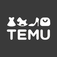 the word temu is written in white on a black background with high heeled shoes