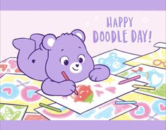 a purple teddy bear sitting on top of a table next to an easel and paintbrush