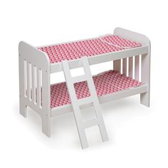 a white wooden bunk bed with a red and white checkered blanket on it's bottom