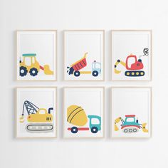 four children's wall art prints featuring construction vehicles