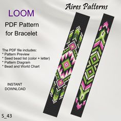 the pattern for bracelets is shown in pink, green and white colors with an intricate design