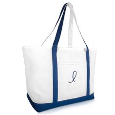 Cotton 100% Cotton 24 oz., Custom font embroidered in your favorite initial, Heavy Duty Shopping Tote with front open pocket, Top Zipper Closure. 23 inches (Length) X 14 inches (Width) X 7 inches (Depth). DROP 12 inches. 24 oz. Cotton Canvas. Shopping, Outings, Beach Days, Handbag and Accessories Storage. Navy Blue A, B, C, D, E, F, G, H, I, J, K, L, M, N, O, P, Q, R, S, T, U, V, W, X, Y, Z Looking for a daily tote, or even a vacation bag? You've come to the right place, our new premium tote is Womens Gym Bag, Large Beach Bags, Vacation Bag, Monogram Tote, Leather Shoulder Handbags, Beach Bags, Pocket Top, Initial Letters, Beach Days