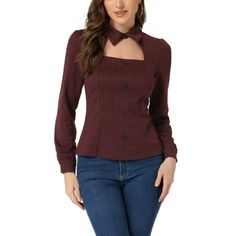 This cute top is versatile, a urban chic and casual outfits for every day. Made from stretch knit fabric, it has an on-trend choker square neckline, stand collar, cut out front, with an elasticated button cuff puff sleeves. Printed with a classic houndstooth plaid, try wearing with anything from denim to tailored trousers to build a elegant and lady chic style. A stylish plaid print shirt is updated with perfectly puff sleeves for understated charm. Stretchy, breathable and lightweight, this tee Chic Fitted Plaid Top, Trendy Stretch Tops For Office, Trendy Stretch Tops For The Office, Trendy Plaid Top For Fall, Plaid Tops For Workwear In Fall, Fitted Casual Blouse For Fall, Plaid Top For Fall Workwear, Fitted Retro Tops For Fall, Retro Fitted Tops For Fall