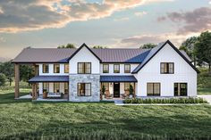 this is an artist's rendering of a modern farmhouse style home in the country