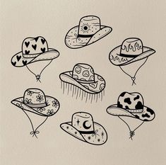 six different hats are drawn in black ink on white paper, each with a star and crescent