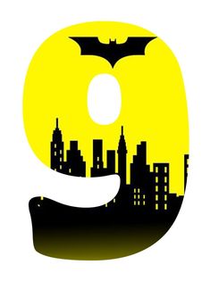 the letter e is made up of black and yellow silhouettes with batman's head