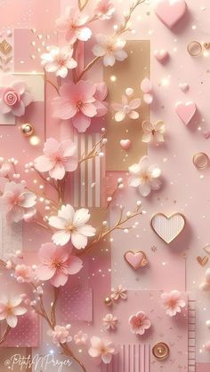 pink flowers and hearts are arranged in the shape of an abstract wallpaper with gold accents