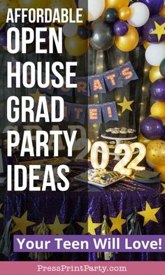 an open house grad party with purple and gold balloons, stars and streamers