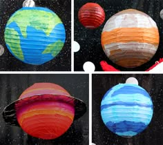 four pictures of different colored paper lanterns in the shape of earth and moon on black background