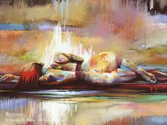 a painting of two people laying on the ground