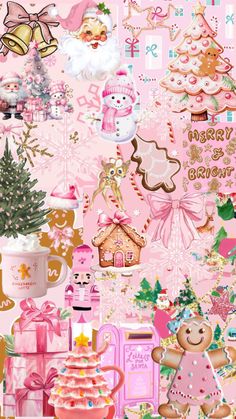 pink christmas wallpaper with teddy bears and other items