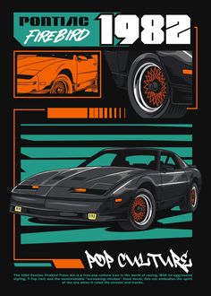 the poster shows two different types of cars, one in black and orange with an orange stripe